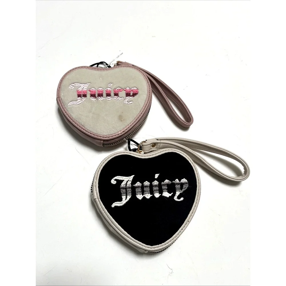 Juicy Couture Heart Wristlet Wallet Lot of 2 Velour Embroidered Black Pink NWT